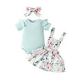 thumbnail image 1 of Bslissey Baby Girls Summer 3Pcs Outfits Frill Trim Short Sleeve Ribbed Romper + Floral Suspender Skirt + Bow Headband 0-18M Infant Toddler Cute Clothes Sets, 1 of 10