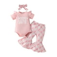 thumbnail image 1 of Bslissey Baby Girls Summer 3Pcs Outfits Pink Short Sleeve Letter Print Romper + Flower Print Flared Pants + Headband 3M 6M 12M 18M Infant Toddler Casual Long Pants Sets, 1 of 10