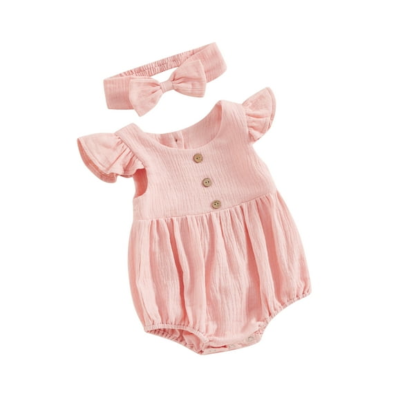 Bslissey Baby Girls Summer Bubble Romper Fly Sleeve Solid Color Ruched Button Decor Bodysuit with Bow Headband 3M 6M 12M 18M Newborn Infant Casual Daily Outfits