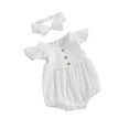 thumbnail image 1 of Bslissey Baby Girls Summer Bubble Romper Fly Sleeve Solid Color Ruched Button Decor Bodysuit with Bow Headband 3M 6M 12M 18M Newborn Infant Casual Daily Outfits, 1 of 9
