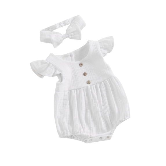 Bslissey Baby Girls Summer Bubble Romper Fly Sleeve Solid Color Ruched Button Decor Bodysuit with Bow Headband 3M 6M 12M 18M Newborn Infant Casual Daily Outfits