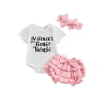 thumbnail image 1 of Bslissey Baby Girls Summer Outfits 3M 6M 12M 18M Short Sleeve Letter Print Romper + Layered Hem Shorts + Bow Headband 3Pcs Newborn Infant Casual Cute Skirt Sets, 1 of 9