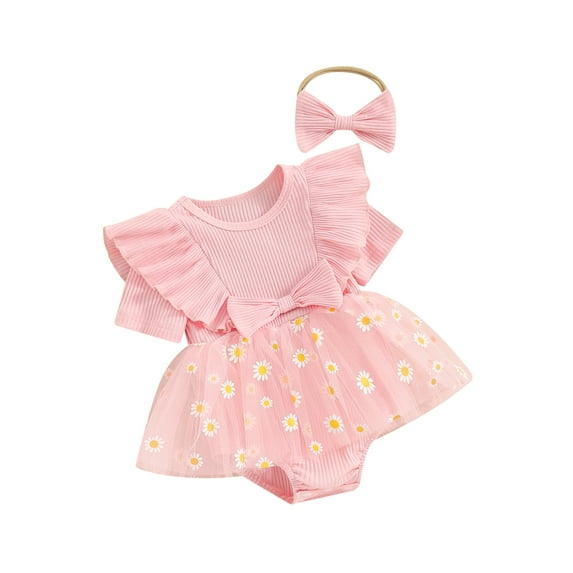 Bslissey Baby Girls Summer Romper Dress Ruffles Short Sleeve Daisy Print Mesh Hem Jumpsuit Infant Casual Cute A-line Bodysuit Dress with Bow Headband 3M 6M 12M 18M