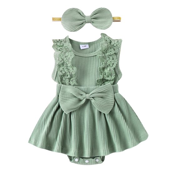 Bslissey Baby Girls Summer Romper Dress Solid Color Lace Fly Sleeve Bowknot Ribbed Knit Skirt Jumpsuit Newborn Infant Cute A-line Bodysuit with Headband 3M 6M 9M 12M 18M