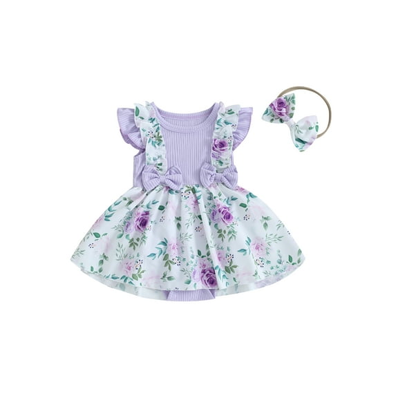 Bslissey Baby Girls Summer Sweet Romper Dress 3M 6M 12M 18M Floral Print Skirt Hem Ruffles Ribbed Bodysuit with Cute Headband Newborn Infant Cute A-line Dress