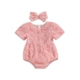 thumbnail image 1 of Bslissey Baby Girls Valentine’s Day Sweet Romper Short Puff Sleeve 3D Rose Flower Decor Bodysuit Newborn Infant Cute Jumpsuit with Bow Headband 3M 6M 12M 18M, 1 of 9