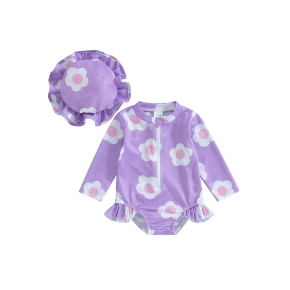 Bslissey Baby Girls Zipper One Piece Swimsuits Flower Print Long Sleeve Ruffle Jumpsuit Infant Casual Sunsuit with Hat 3M-24M Toddler Rashguard Bathing Suit Swimwear