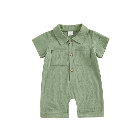 Bslissey Infant Baby Boys Cotton Linen Jumpsuit Shorts Solid Color Short Sleeve Lapel Button One Piece Rompers Newborn Casual Summer Clothes Bodysuit 3M 6M 12M 18M