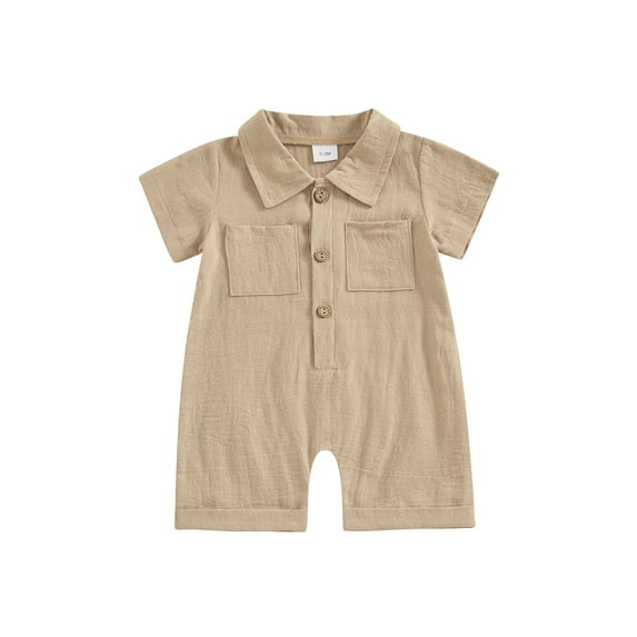 Bslissey Infant Baby Boys Cotton Linen Jumpsuit Shorts Solid Color Short Sleeve Lapel Button One Piece Rompers Newborn Casual Summer Clothes Bodysuit 3M 6M 12M 18M