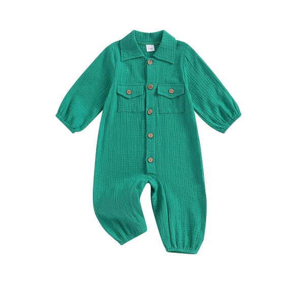 Bslissey Infant Baby Girls Boys Casual Footless Jumpsuit Solid Color Long Sleeve Lapel Button Full Length Rompers 3M 6M 9M 12M 18M Newborn Spring Fall Daily Outfit