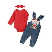 Bslissey Infant Baby Girls Christmas Jumpsuit Outfits Long Sleeve Romper + Deer Embroidery Suspendder Denim Pants + Headband 0-18M Newborn Casual Clothes