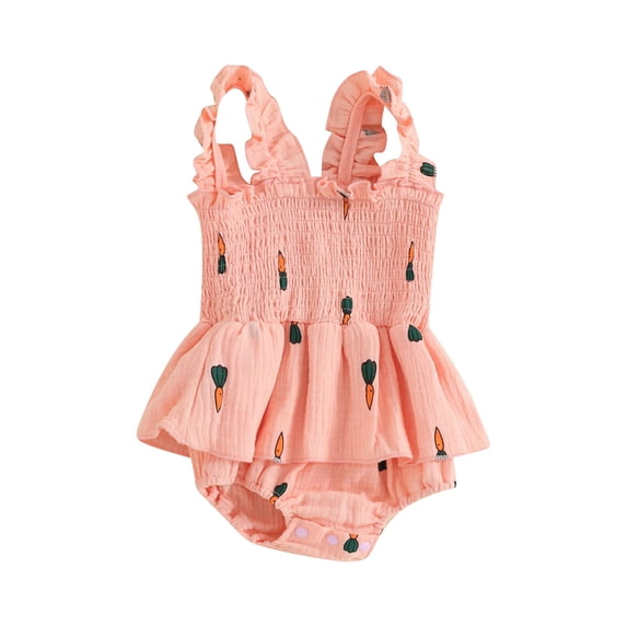 Bslissey Infant Baby Girls Cotton Linen Sleeveless Romper Dress Frill Trim Cherry Print Skirt Hem Jumpsuit Newborn Square Neck Suspender Bodysuit Dress 3M 6M 9M 12M