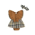 thumbnail image 1 of Bslissey Infant Baby Girls Cute Romper Dress 3M 6M 9M 12M Flying Sleeve Crew Neck Plaid Patchwork Jumpsuit with Bow Headband Newborn Casual Button Ribbed Bodysuit, 1 of 9