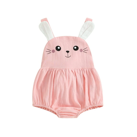 Bslissey Infant Baby Girls Easter Cami Romper Sleeveless Bunny Print Bandage Jumpsuit Newborn Casual Summer Suspender Bodysuit with Plush Ball Decor 3M 6M 12M 18M