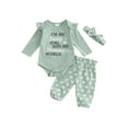 thumbnail image 1 of Bslissey Infant Baby Girls Jumpsuit Outfits Long Sleeve Letter Print Romper + Heart Print Pants + Bow Headband 3M 6M 9M 12M 18M Newborn Casual Cute 3Pcs Clothes Set, 1 of 9