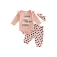 thumbnail image 1 of Bslissey Infant Baby Girls Jumpsuit Outfits Long Sleeve Letter Print Romper + Heart Print Pants + Bow Headband 3M 6M 9M 12M 18M Newborn Casual Cute 3Pcs Clothes Set, 1 of 9
