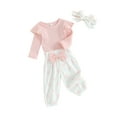 thumbnail image 1 of Bslissey Infant Baby Girls Jumpsuit Outfits Solid Color Long Sleeve Romper + Heart Print Long Pants + Bow Headband 3Pcs Clothes Set for Newborn 3M 6M 9M 12M 18M, 1 of 9
