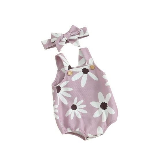 Bslissey Infant Baby Girls Summer Cute Overalls Sleeveless Floral Print Tank Romper Sweet Square Neck Bodysuit with Headband 3M 6M 9M 12M Newborn Casual Daily Clothes