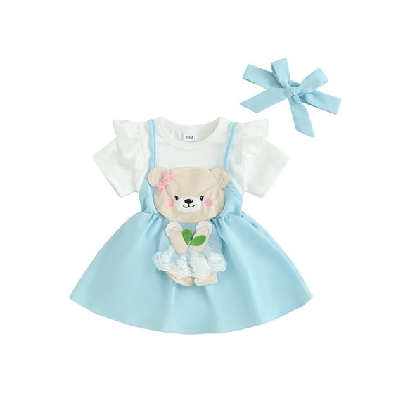 Bslissey Infant Girls Summer 3Pcs Outfits Short Sleeve Romper + Bear Embroidery Suspender Skirt + Bow Headband 3M 6M 9M 12M 18M Newborn Baby Casual Cute Clothes