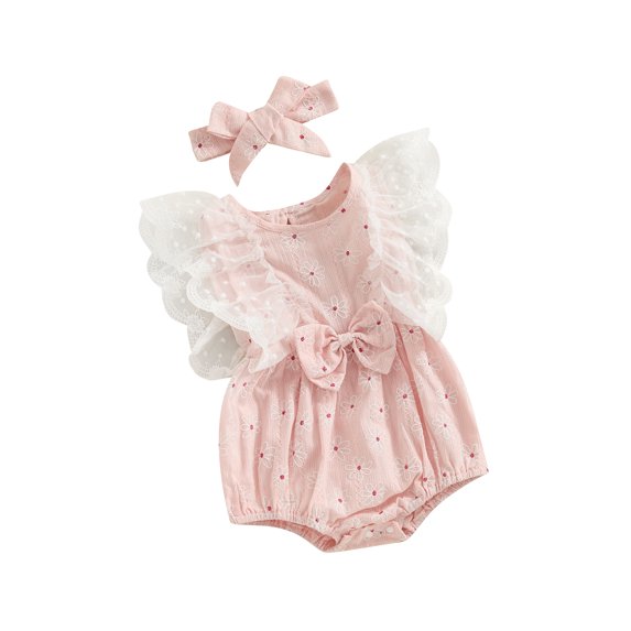 Bslissey Infant Girls Sweet Fly Sleeve Romper Baby Girl Lace Patchwork Flower Print Jumpsuit Newborn Summer Casual Bodysuit with Headband 3M 6M 9M 12M
