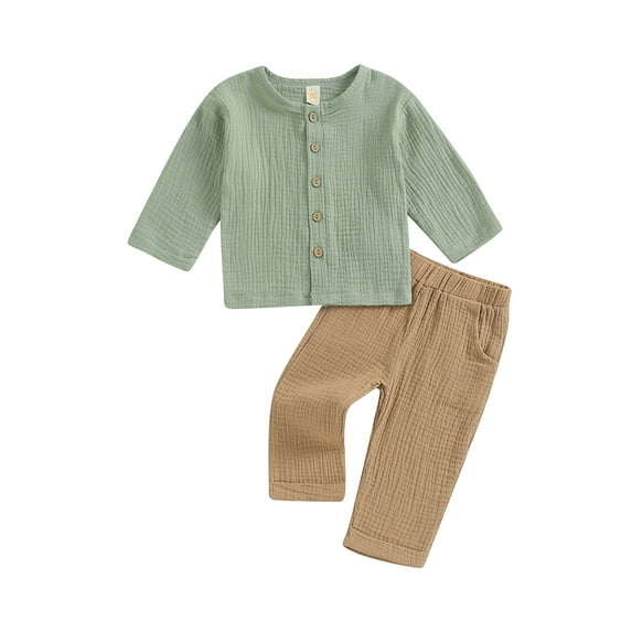 Bslissey Kids Baby Boys 2Pcs Cotton Linen Outfits Long Sleeve Button T-shirt + Elastic Waist Long Pants 6M 12M 18M 24M 3T 4T Toddler Casual Daily Clothes