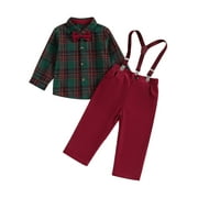 Bslissey Little Boys Christmas Gentleman Clothes Long Sleeve Button Bowtie Plaid Shirt + Suspender Pants 2Pcs Outfits for Toddler Kids Boys 1T 2T 3T 4T 5T 6T 7T