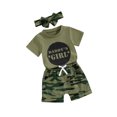 thumbnail image 1 of Bslissey Little Girls 3Pcs Summer Outfits Short Sleeve Letter Print T-shirt + Camouflage Shorts + Headband 3M 6M 12M 18M 24M 3T 4T 5T Toddler Kids Cute Shorts Sets, 1 of 9