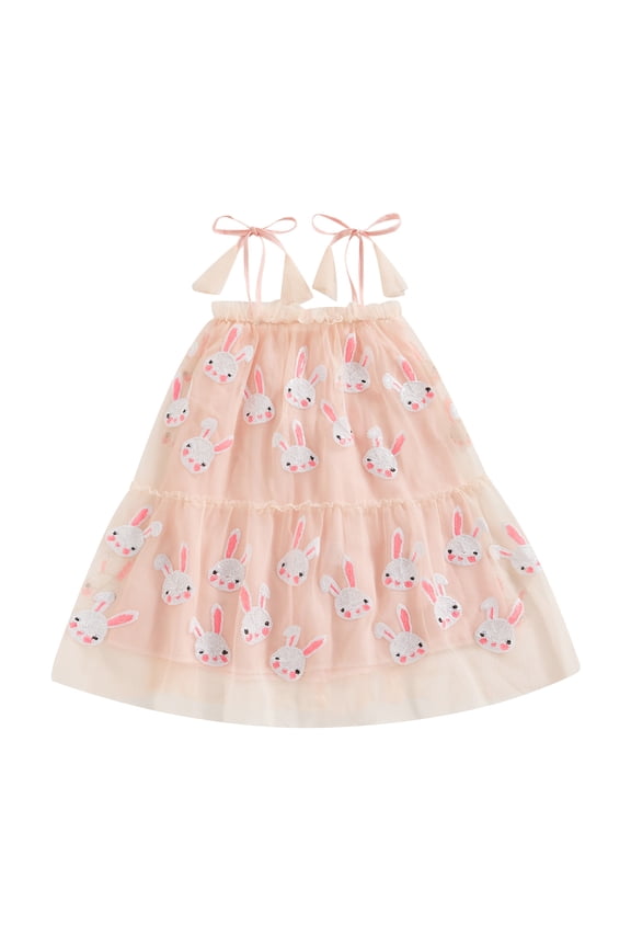 Little Girls Easter Sleeveless Tulle Dress Sequin Bunny Pattern Tie Up Spaghetti Strap A-line Dress 2T 3T 4T 5T 6T Toddler Kids Summer Casual Princess Dress