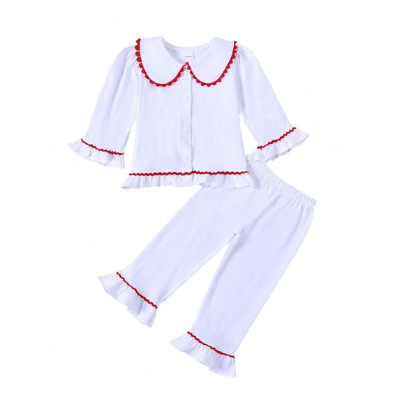 Bslissey Little Girls Pajamas Set Ruffles Long Sleeve Doll Collar Button Shirt + Elastic Pants 2Pcs Loungewear Outfits Toddler Kids Casual Sleepwear 12 Months-5 Years