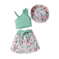 thumbnail image 1 of Bslissey Little Girls Skirts Sets One Shoulder Sleeveless Camisole + Flower Print Skirt with Belt + Hat 4T 5T 6T 7T Children Kids Summer Sweet Outfits for Casual Daily, 1 of 8