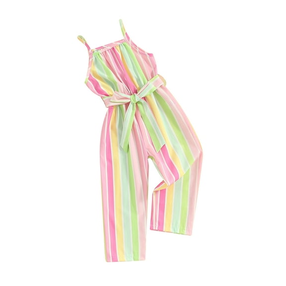Bslissey Little Girls Sleeveless Jumpsuit Stripe/Contrast Color/Floral Print Spaghetti Strap Romper Pants Toddler Kids Casual Summer Overalls with Belt 1T 2T 3T 4T 5T 6T