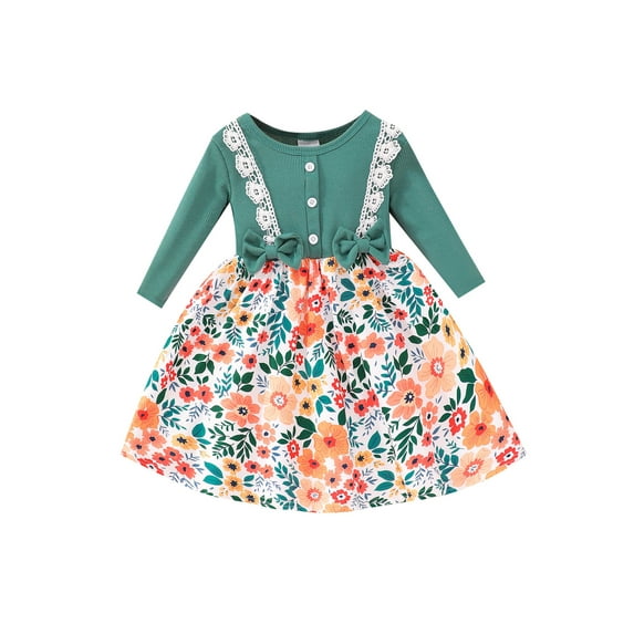 Bslissey Little Girls Sweet A-line Dress Toddler Long Sleeve Lace Patchwork Flower Print Princess Dress Kids Fall Casual Dress 3T 4T 5T 6T 7T