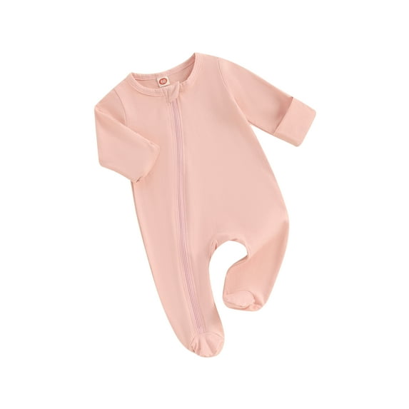Bslissey Newborn Baby Boys Girls Footie Jumpsuits Long Sleeve Zip Up Footed Rompers Casual Crew Neck Solid Color Playsuit Infant Spring Fall Outfit 0M 3M 6M