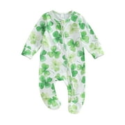 Bslissey Newborn Baby Girls Boys Footies Rompers Four Leaf Clover Print Long Sleeve Oblique Zipper Onesie Jumpsuit Infant Clothes Bodysuit for Casual Daily 3M 6M