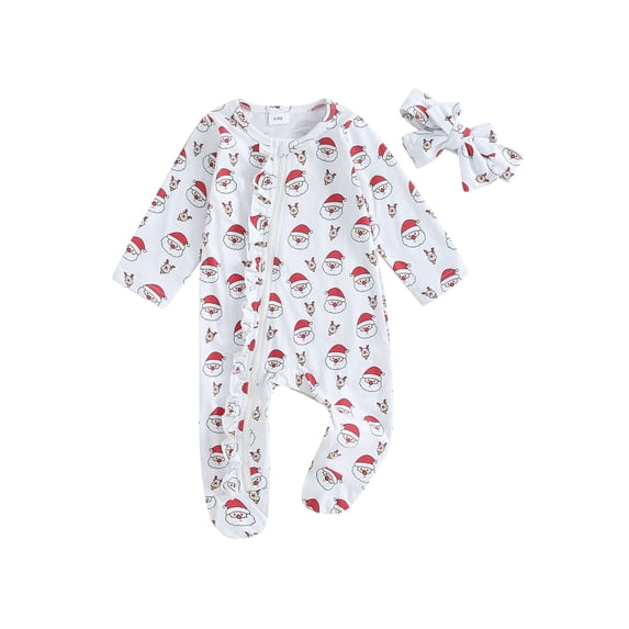 Bslissey Newborn Baby Girls Christmas Footies Jumpsuit Santa Print Long Sleeve Zipper Rompers with Headband Infant Casual Playsuit Cute Outfits 3M 6M