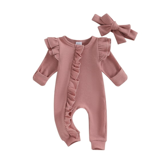 Bslissey Newborn Baby Girls Footless Jumpsuit Solid Color Long Sleeve Ruffled Zipper Onesie Rompers with Bow Headband Infant Casual Daily Outfit 3M 6M 12M