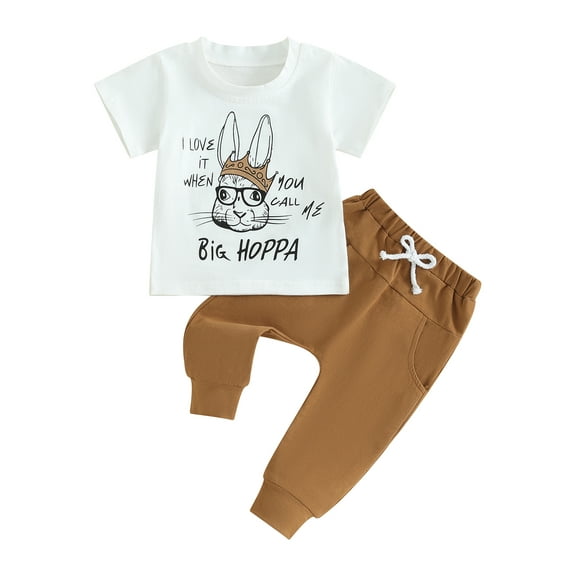 Bslissey Toddler Baby Boys 2Pcs Easter Outfits Short Sleeve Letter Bunny Print Tops + Drawstring Pants 6M 12M 18M 24M 3T Infant Cute Long Pants Set for Casual Daily