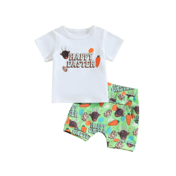 Bslissey Toddler Baby Boys 2Pcs Easter Outfits Short Sleeve Letter Print T-shirt + Cow Carrot Print Shorts 6M 12M 18M 24M 3T Infant Summer Casual Short Pants Set
