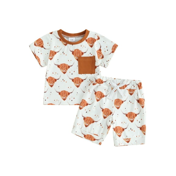 Bslissey Toddler Baby Boys 2Pcs Western Clothes Cow Print Short Sleeve T-shirt + Elastic Waist Shorts 6M 12M 18M 24M 3T Infant Casual Summer Shorts Sets