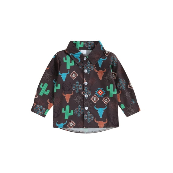 Bslissey Toddler Baby Boys Casual Shirts Western Style Print Long Sleeve Turn-Down Collar Button Blouses 6M 12M 18M 24M 3T 4T Kids Spring Fall Tops for Daily
