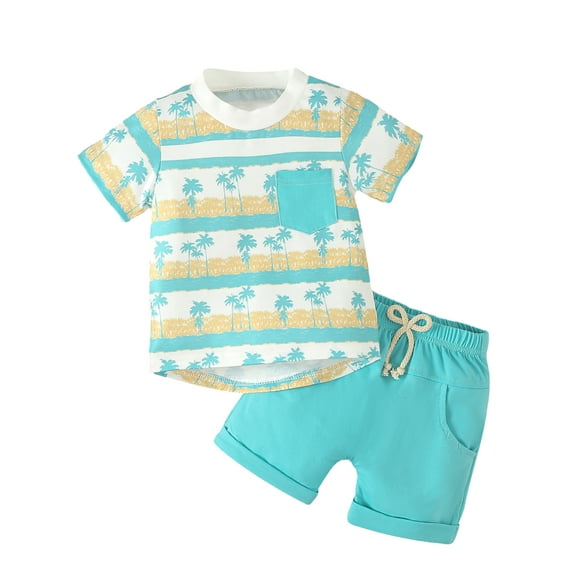 Bslissey Toddler Baby Boys Casual Shorts Sets Tree Print Short Sleeve T-shirt + Elastic Waist Rolled Hem Shorts 0-3T Infant Summer 2Pcs Outfits for Daily Beach