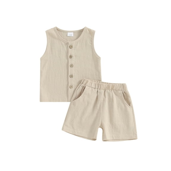 Bslissey Toddler Baby Boys Cotton Linen Shorts Sets Sleeveless Button Tank Tops + Elastic Band Shorts 6M 12M 18M 24M 3T Infant Casual Summer Solid Color 2Pcs Outfits