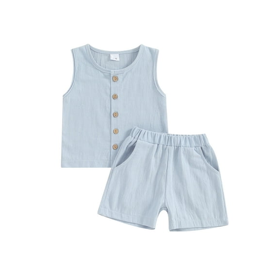 Bslissey Toddler Baby Boys Cotton Linen Shorts Sets Sleeveless Button Tank Tops + Elastic Band Shorts 6M 12M 18M 24M 3T Infant Casual Summer Solid Color 2Pcs Outfits