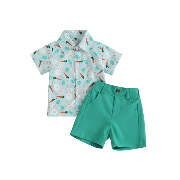 Bslissey Toddler Baby Boys Easter 2Pcs Outfits Cartoon Bunny Print Short Sleeve Button Shirt + Solid Color Shorts 6M 12M 18M 24M 3T 4T Kids Summer Short Pants Sets