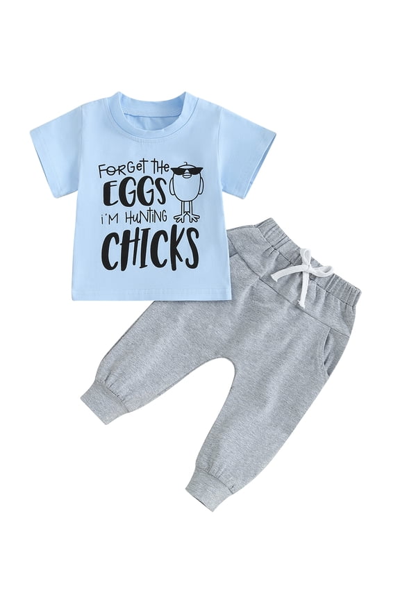Toddler Baby Boys Easter 2Pcs Outfits Short Sleeve Chick Letter Print T-shirt + Pocket Pants 6M 12M 18M 24M 3T Infant Summer Clothes Set for Casual Daily