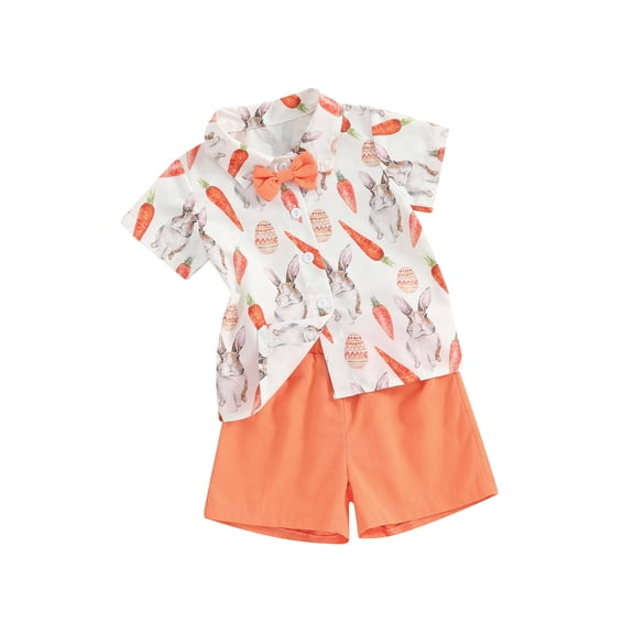 Bslissey Toddler Baby Boys Easter Gentlemen Outfits Bunny Carrot Print Short Sleeve Button Bowtie Shirt   Solid Color Shorts 9M-4T Kids Spring Summer Casual 2Pcs Clothes