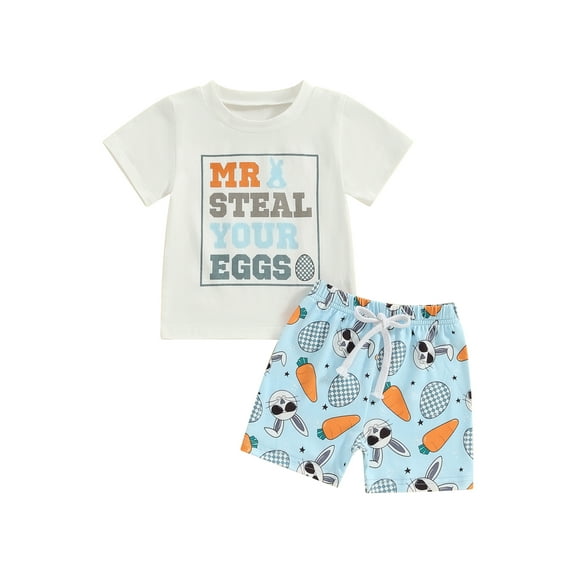 Bslissey Toddler Baby Boys Easter Shorts Sets Short Sleeve Letter Print T-shirt Bunny Egg Print Shorts 6M 12M 18M 24M 3T 4T Infant Casual Summer 2Pcs Outfits