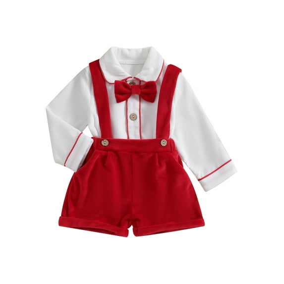 Bslissey Toddler Baby Boys Gentleman Clothes Sets Long Sleeve Doll Collar Button Bow Tie Shirt + Suspender Shorts 6M 12M 2T 3T 4T 5T Kids Christmas 2Pcs Outfits