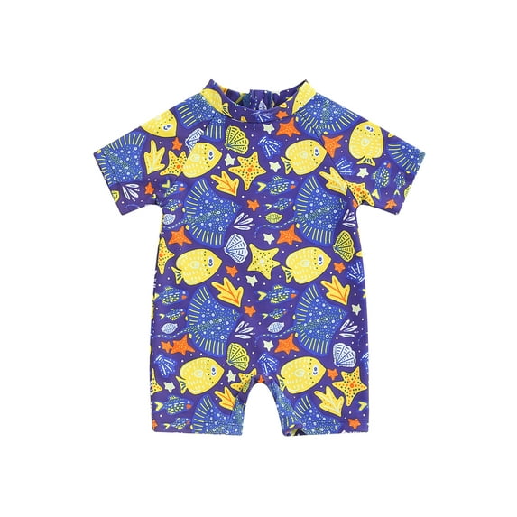 Bslissey Toddler Baby Boys Girls Rash Guard Swimsuit Fish Print Short Sleeve One Piece Swimwear Infant Casual Crew Neck Bathing Suit 3M 6M 12M 2T 3T Summer Beach Wear