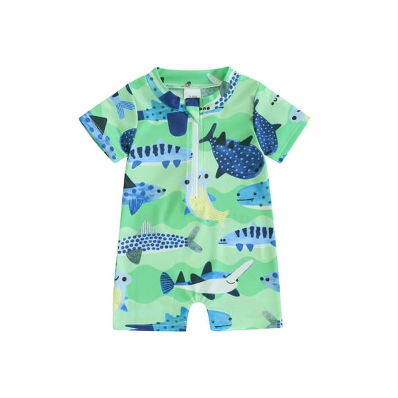Bslissey Toddler Baby Boys One Piece Rashguard Swimsuit Tree Fish Print Short Sleeve Jumpsuit Swimwear Infant Casual Zipper Bathing Suit Summer Beach Wear 0- 3 Years